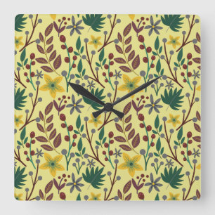 Blume, Blätter, Zweige, nahtlos, ohne Blumen Quadratische Wanduhr