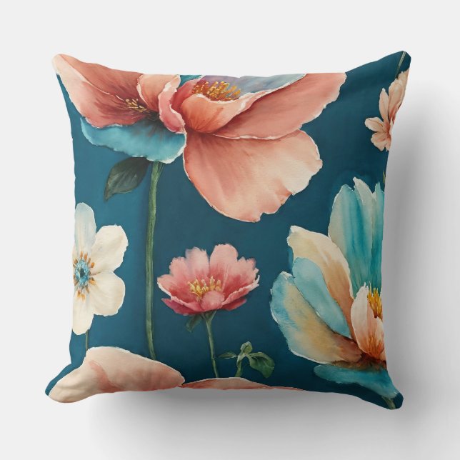 Blume Blau, Rosa und Pfirsich Kissen (Vorderseite)