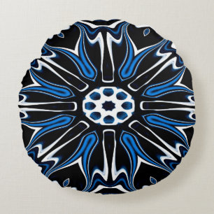 Blume Blau, Schwarz und Weiß Estlands Art Rundes Kissen
