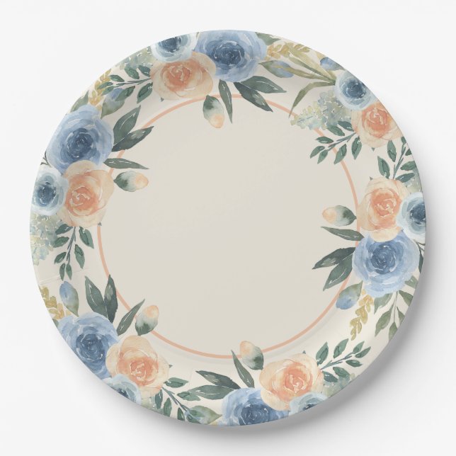 Blume Blau und Pfirsichfarben Pappteller (Vorderseite)