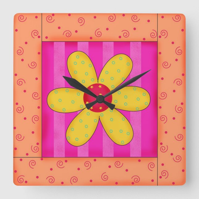 Blume Blocksäulenhalterung Orange Quadratische Wanduhr (Vorderseite)