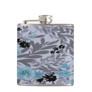 Blume Bloral Grau Trendy Chic Aquamarin Blue Flachmann