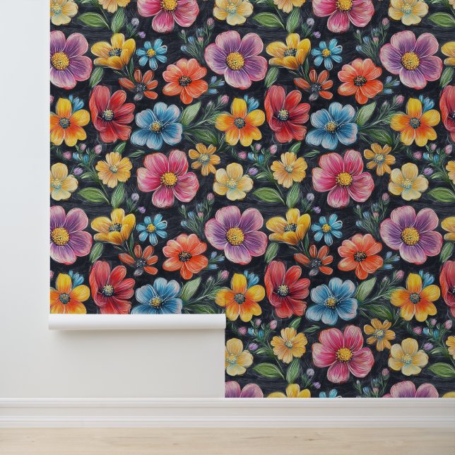 Blume Blossom Muster Khalk Zeichnungen Black Bckg Tapete (Anwendung)