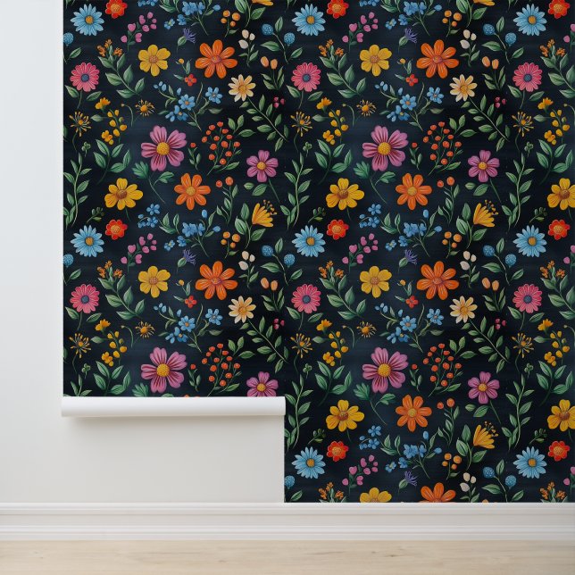 Blume Blossom Muster Khalk Zeichnungen Black Bckg Tapete (Anwendung)