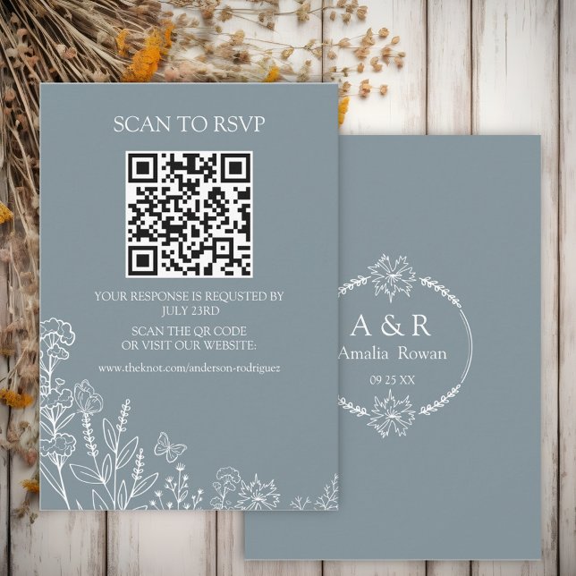 Blume Blue Gray Scan QR RSVP Karte (Von Creator hochgeladen)