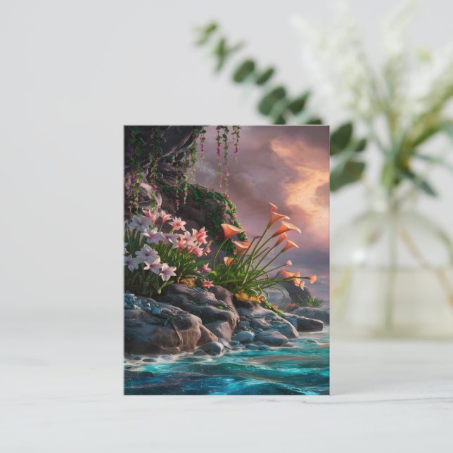 Blume blühen bei Sonnenuntergang Postkarte (Stehend Vorderseite)