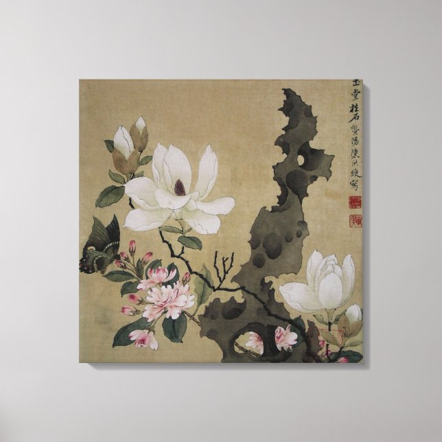 Blume blüht und Butterfly Vintage chinesische Kuns Leinwanddruck (Vorderseite)