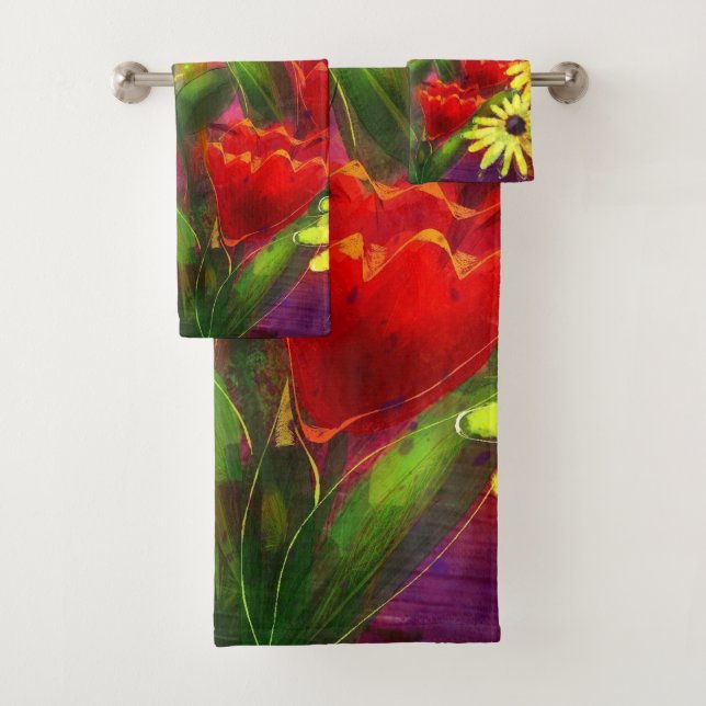 Blume Blume Abstrakt Art Rot Gelb Badhandtuch Set (Insitu)