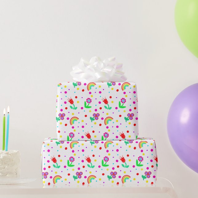 Blume, Blume und Polka Dots Girl Geschenkpapier (Partygeschenke)