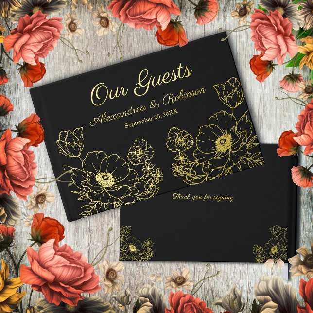 Blume Blumenzwiebeljubiläum Gold Black Gästebuch (Flowers Floral Wedding Anniversary Gold Black Foil Guest Book is great for a wedding or anniversary.)