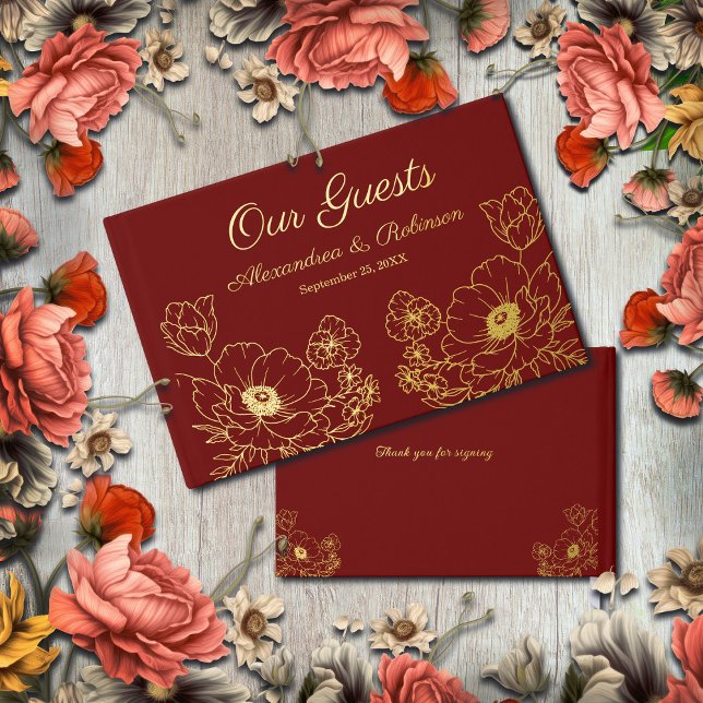 Blume Blumenzwiebeljubiläum Gold Rot Gästebuch (Flowers Floral Wedding Anniversary Gold Red Foil Guest Book is wonderful for guest to sign at event.)