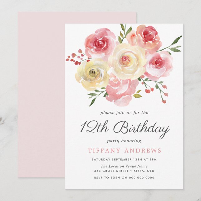 Blume Blush Pink 12. Geburtstag Einladung (Vorne/Hinten)