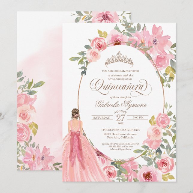 Blume Blütenfarbe Rosa Bläschen Quinceanera Einladung (Vorne/Hinten)