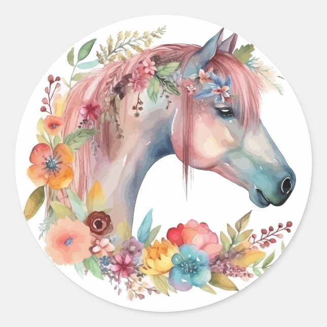 Blume Boho Horse Pastel Runder Aufkleber (Vorderseite)
