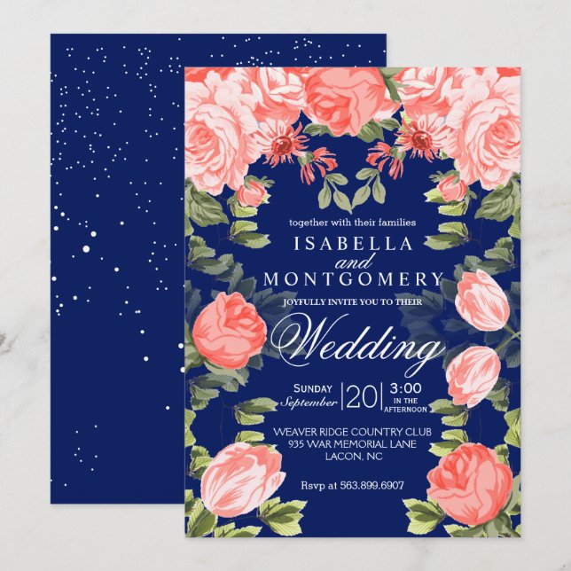 Blume Botanical Dark Blue and Coral - Wedding Einladung (Vorne/Hinten)