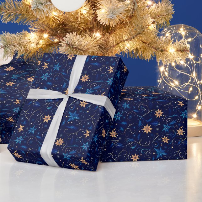 Blume Botanischer Orangenblauer Weihnachten Geschenkpapier (Feiertage)