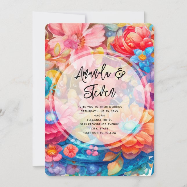 Blume Bouquet in Pink Orange & Blue Boho Hochzeit Einladung (Vorderseite)