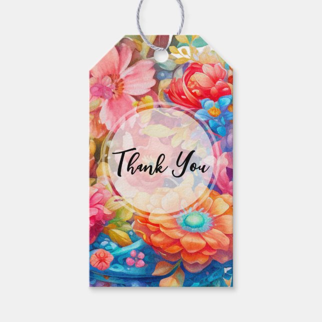 Blume Bouquet in Rosa Orange & Blau Vielen Dank Geschenkanhänger (Vorderseite)