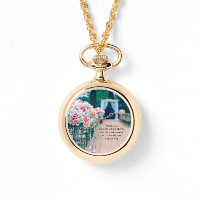 Blume Bouquet Liebe und Hochzeitsaisle Bibel Verse Armbanduhr (Vorderseite)