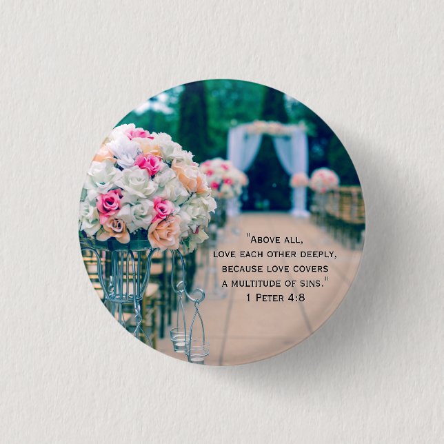 Blume Bouquet Liebe und Hochzeitsaisle Bibel Verse Button (Vorderseite)
