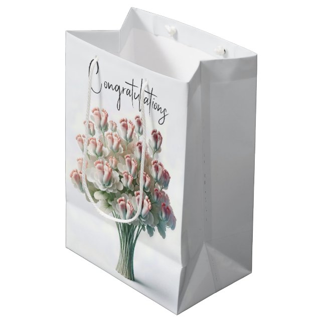 Blume Bouquet mit rosa Babynahrung Mittlere Geschenktüte (Vorderseite Schrägansicht)