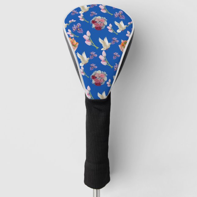 Blume-Bouquet und fliegende weiße Taube Golf Headcover (Vorderseite)