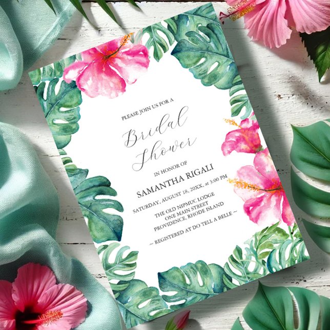Blume-Brautparty für tropischen Hibiskus Einladung (Bridal shower invitations tropical pink hibiscus flower monstera palm leaves garden Vic Grigaliunas)