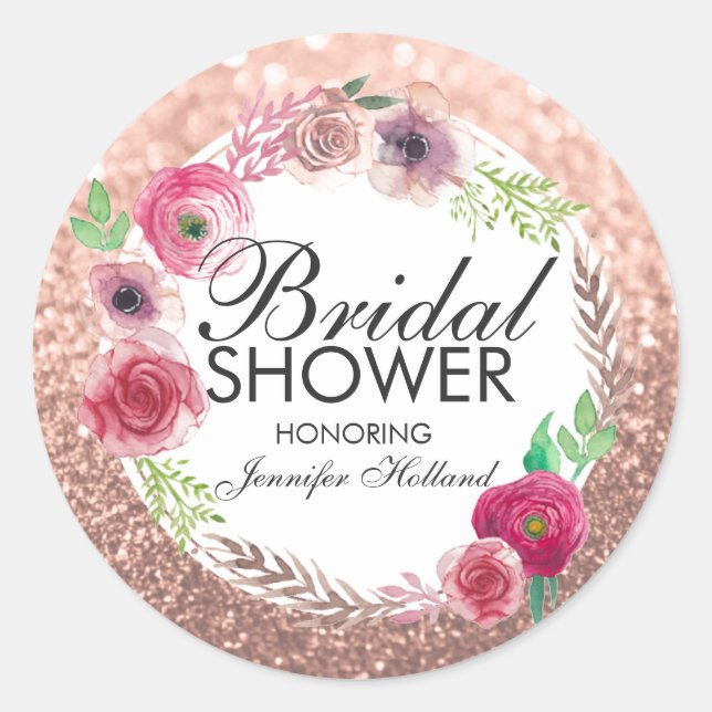 Blume Brautparty Rosa Rose Gold Glitzer Runder Aufkleber (Vorderseite)