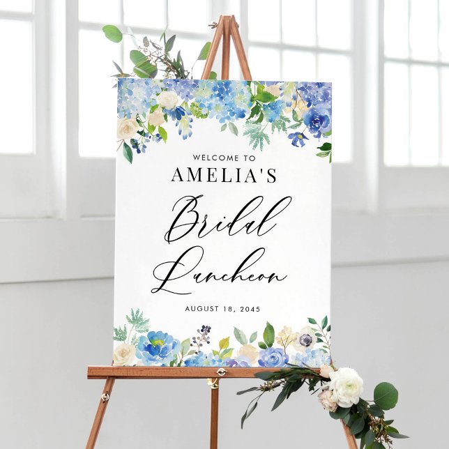 Blume Bridal Luncheon Poster (Watercolor Blue Hydrangea Flowers Bridal Luncheon Welcome Sign)