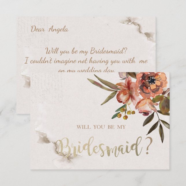 Blume Bridesmaid Card für Aquarellfarben Einladung (Vorne/Hinten)