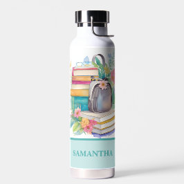 Blume Bücher und Rucksack farbenfrohe Wasserfarbe Trinkflasche