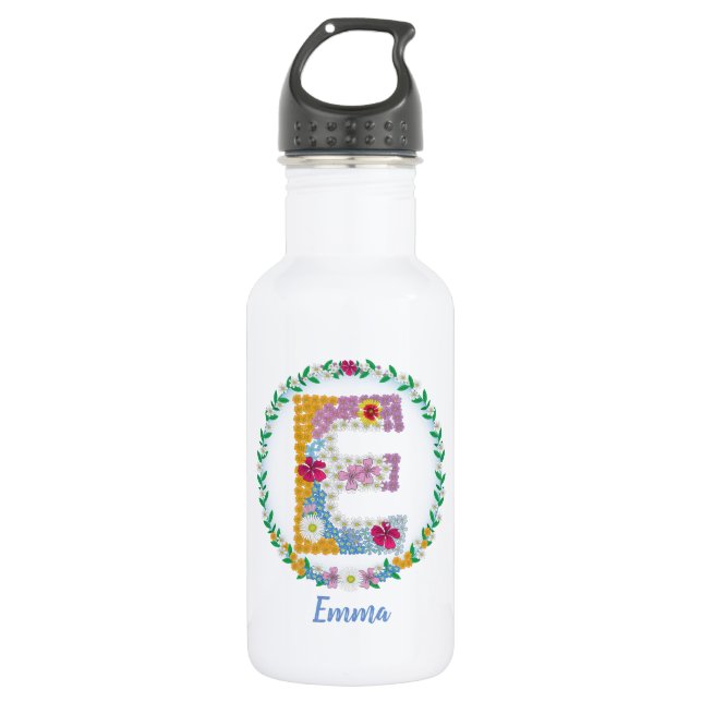 Blume Buchstaben Anfangsbuchstaben "E" mit Persona Edelstahlflasche (Vorderseite)