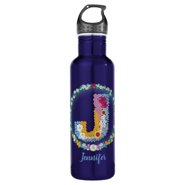 Blume Buchstaben Anfangsbuchstaben "J" mit Persona Edelstahlflasche (Vorderseite)