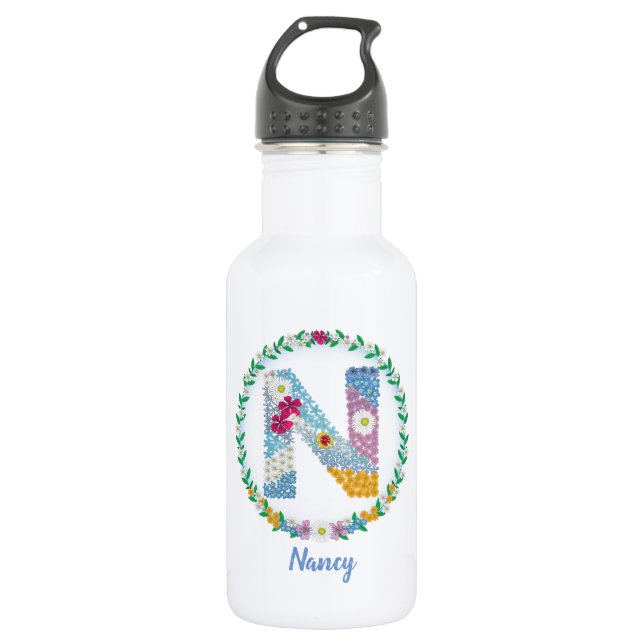 Blume Buchstaben Anfangsbuchstaben "N" mit Persona Edelstahlflasche (Vorderseite)