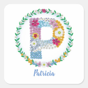 Blume Buchstaben Anfangsbuchstaben "P" mit Persona Quadratischer Aufkleber