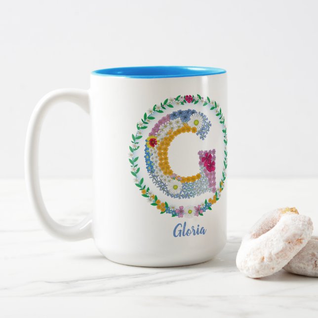 Blume Buchstaben "G" mit Personalisiertem Namen Zweifarbige Tasse (Mit Donut)