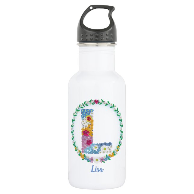 Blume Buchstaben "L" mit Personalisiertem Namen Edelstahlflasche (Vorderseite)