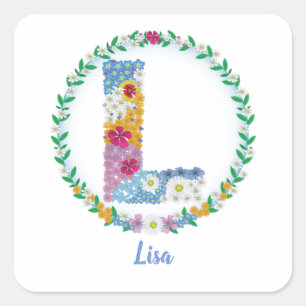 Blume Buchstaben "L" mit Personalisiertem Namen Quadratischer Aufkleber