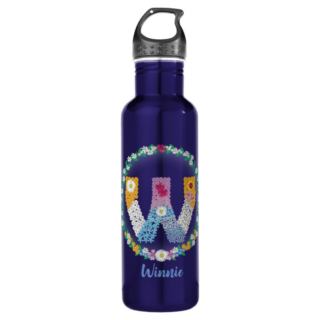 Blume Buchstaben "W" mit Personalisiertem Namen Edelstahlflasche (Vorderseite)