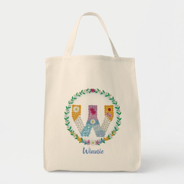 Blume Buchstaben "W" mit Personalisiertem Namen Tragetasche (Vorne)