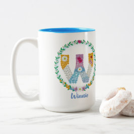 Blume Buchstaben "W" mit Personalisiertem Namen Zweifarbige Tasse