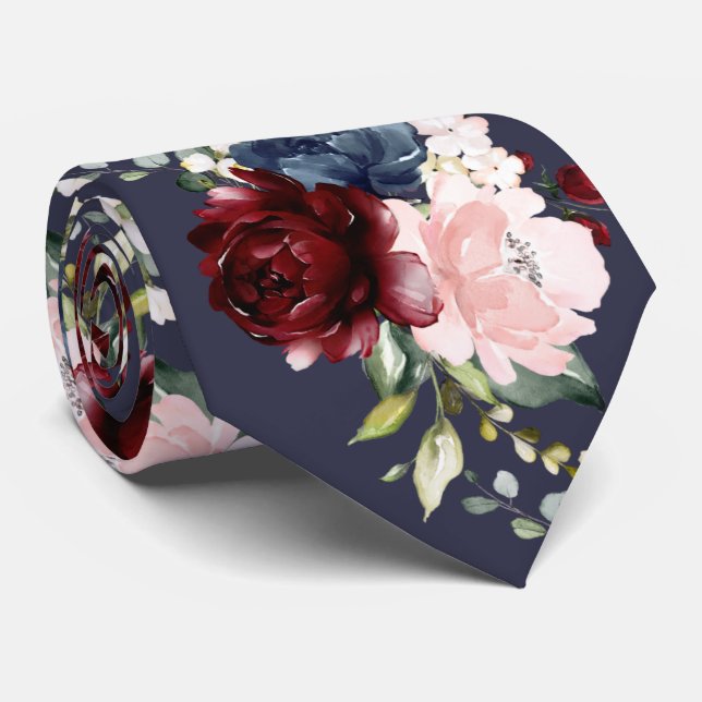 Blume Burgund Blush Navy Krawatte (Gerollt)