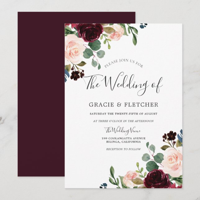 Blume Burgund & Pinselstrich Elegante Hochzeit im  Einladung (Vorne/Hinten)