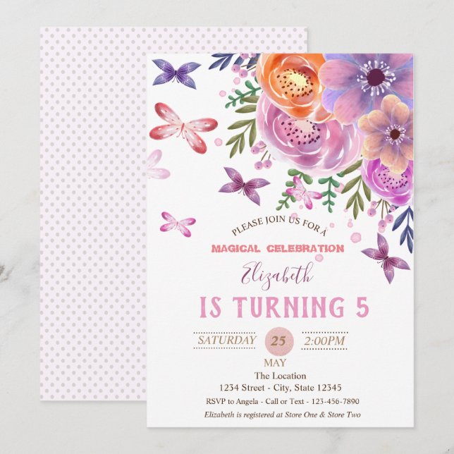 Blume Butterflies Polka Dots Geburtstag Einladung (Vorne/Hinten)