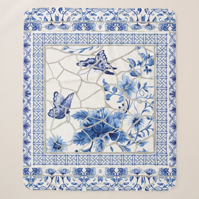 Blume Butterfly Blue und White Chinoiserie Chic Sherpadecke (Vorderseite)