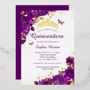 Blume Butterfly Elegantes Lila Quinceanera Folieneinladung