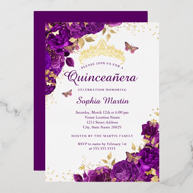 Blume Butterfly Elegantes Lila Quinceanera Folieneinladung (Vorderseite/Rückseite)