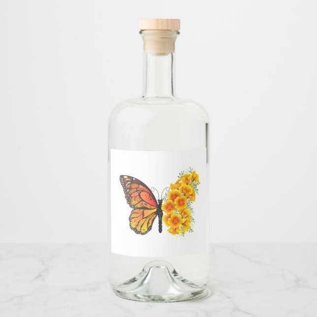 Blume Butterfly mit gelbem Kalifornien-Mohn Alkoholflaschenetikett (Vorderseite)
