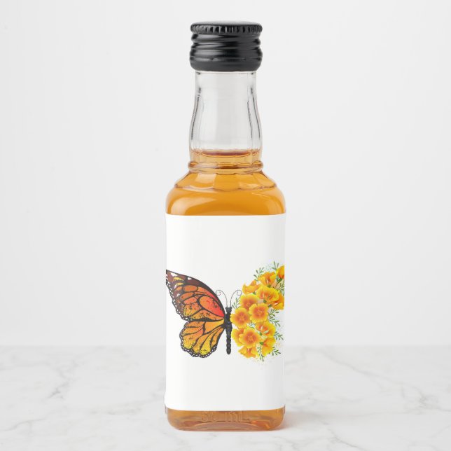 Blume Butterfly mit gelbem Kalifornien-Mohn Alkoholflaschenetikett (Vorderseite)
