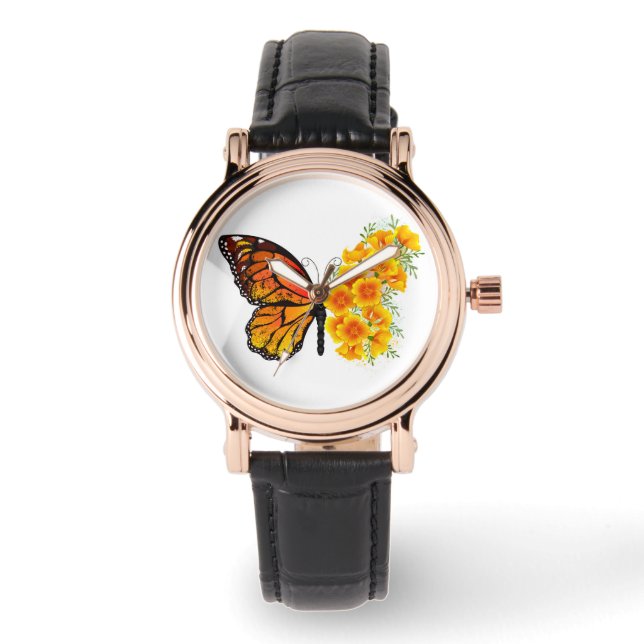 Blume Butterfly mit gelbem Kalifornien-Mohn Armbanduhr (Vorderseite)